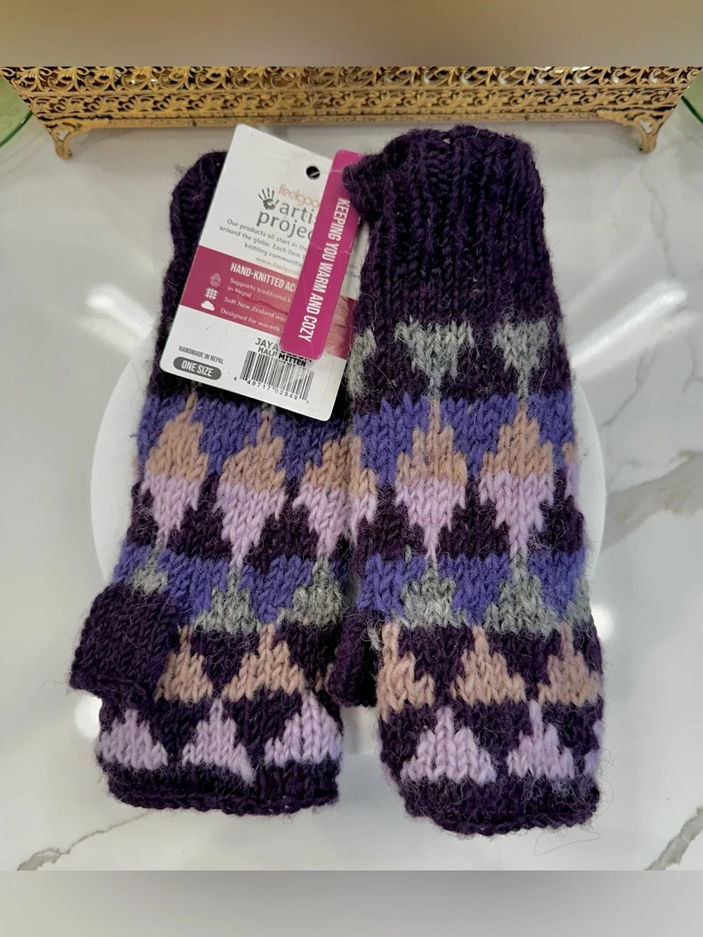 NWT Feelgoodz Wool Half-Mittens/Polar Fleece-Lined Handmade by Artisans in Nepal